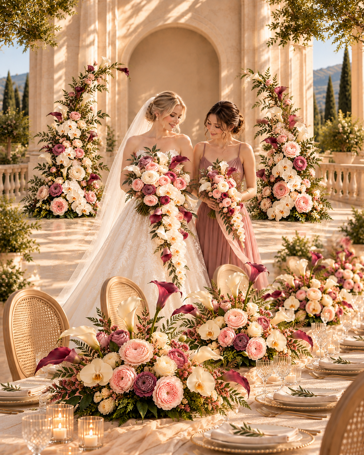 Blush Merlot ceremony arch flowers styled in a luxury wedding scene with a bride, bridesmaid and coordinating table florals. Display only; people, bouquets, table flowers and styling props are not included.