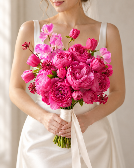 Close-up of a bride in an ivory gown holding the Fuchsia Bloom Posy bouquet against her chest, featuring hot pink peony and magenta tulip blooms
