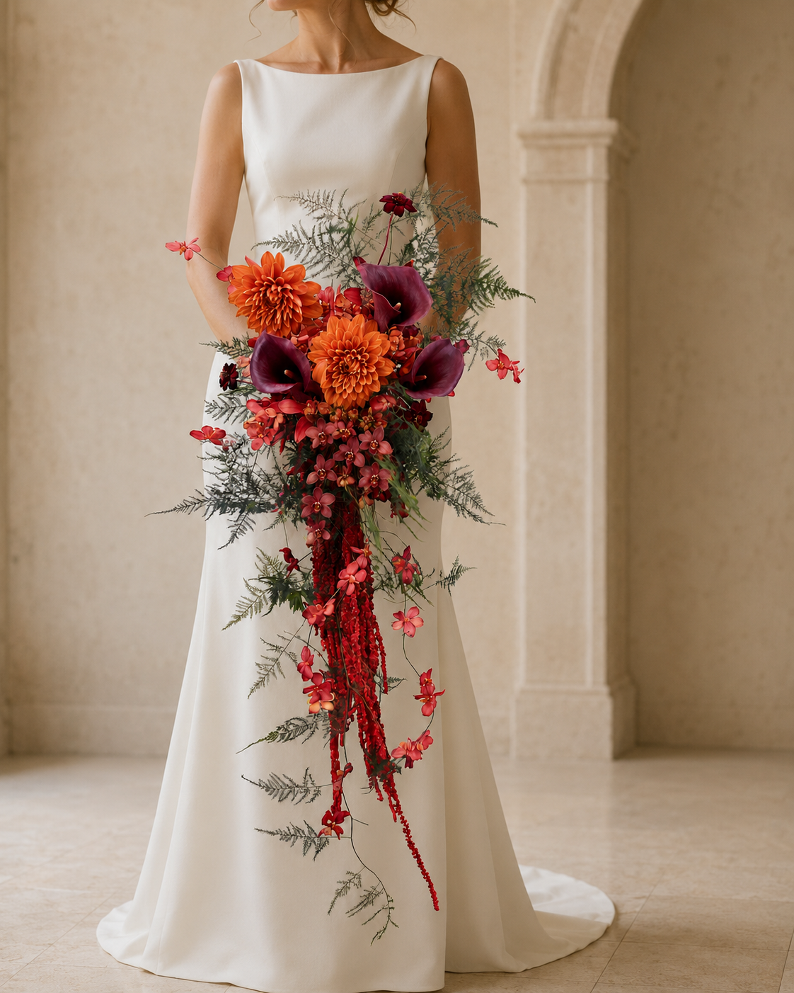 Bride holding the cascading Ember Cascade bridal bouquet, second angle