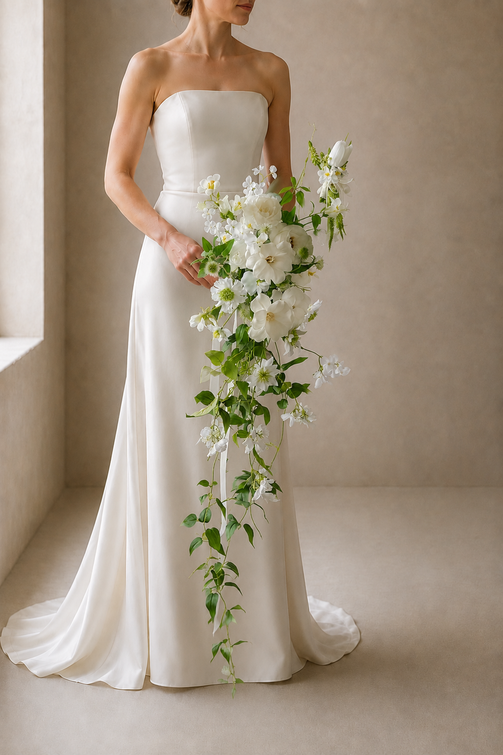 Bride holding the Verdant Trail white garden rose and trailing vine bridal bouquet close to her chest, hero product shot