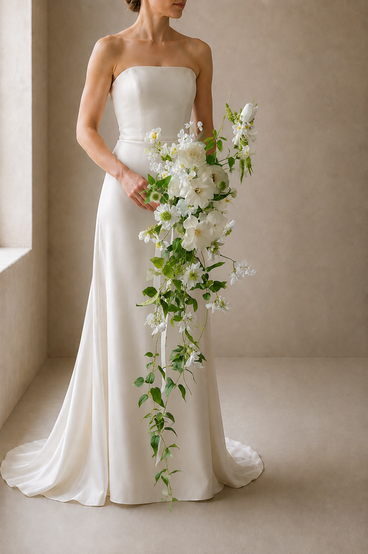 Bride holding the Verdant Trail white garden rose and trailing vine bridal bouquet close to her chest, hero product shot