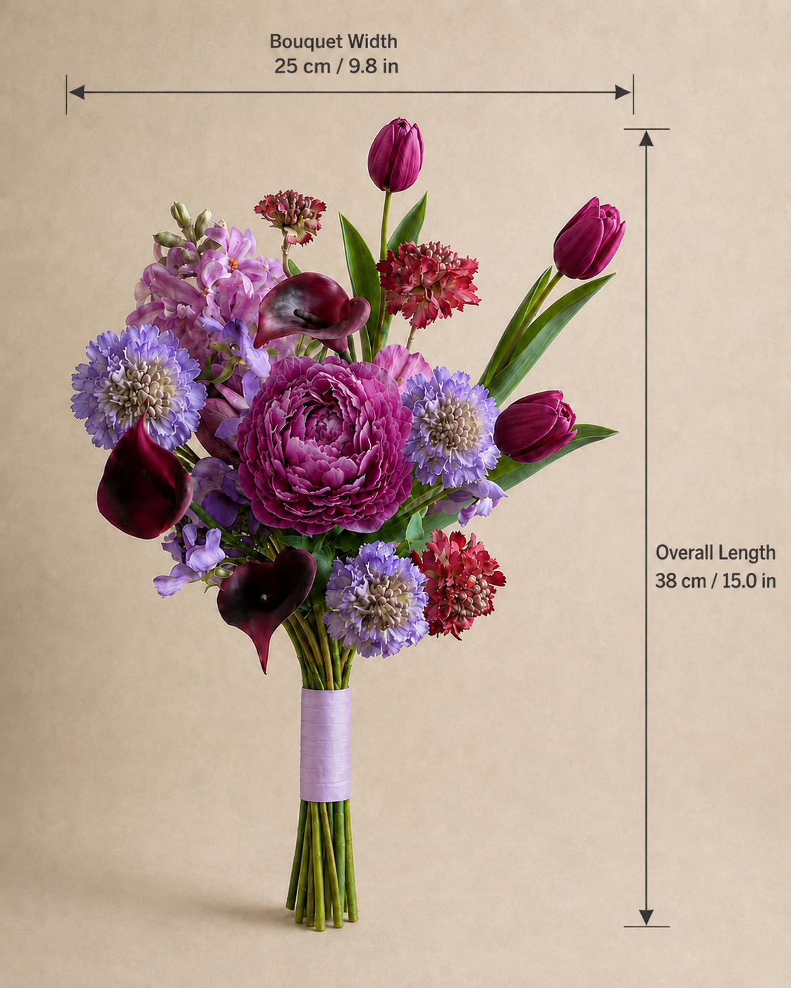Jewel Peony Posy size guide showing 38 cm length and 25 cm width