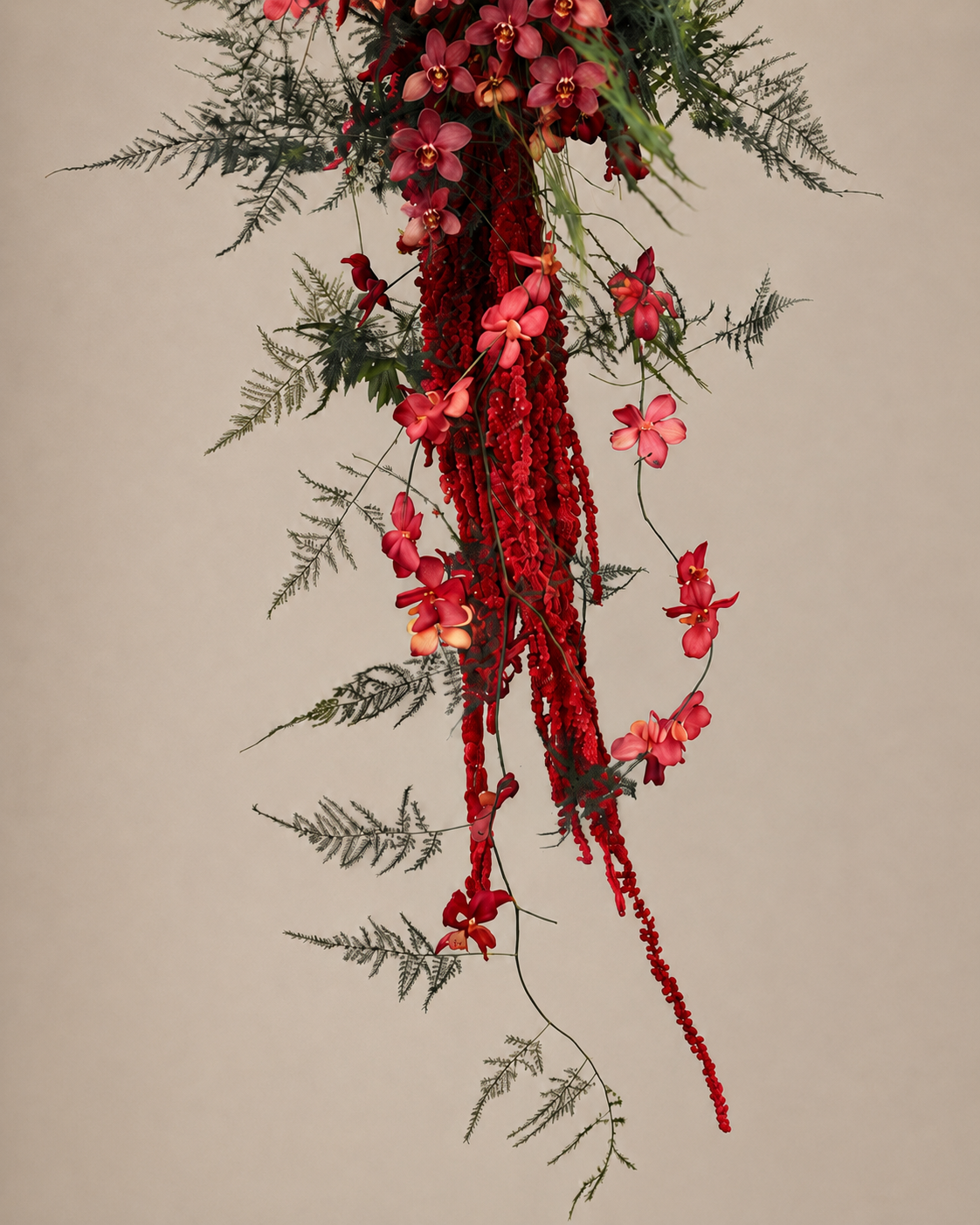 Trailing crimson hanging amaranthus detail on the Ember Cascade bridal bouquet