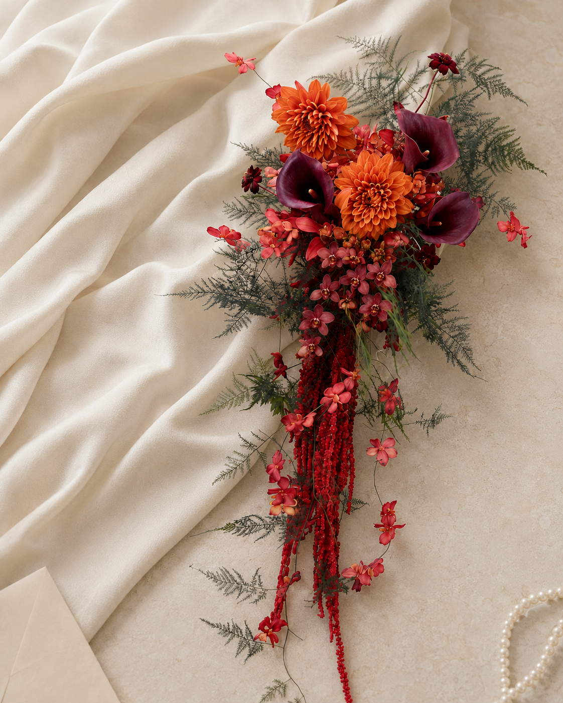 Ember Cascade cascading bridal bouquet in burnt orange and burgundy laid on ivory fabric