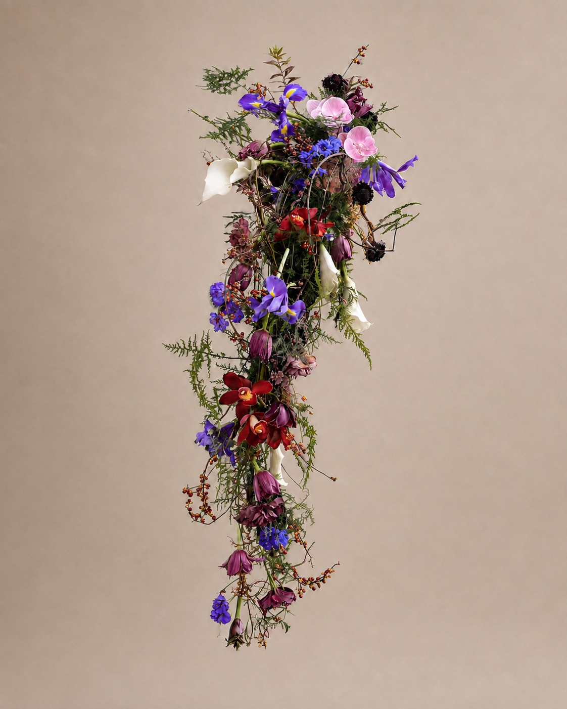 Botanical Couture iris and orchid cascade bridal bouquet, standalone product shot on neutral background