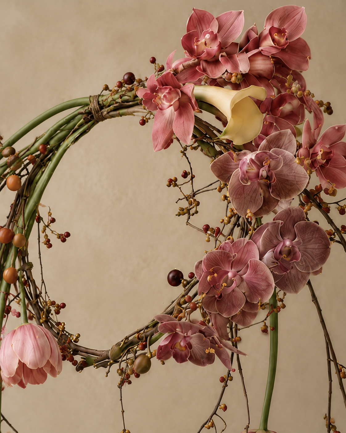 Close-up detail of the Autumn Halo bridal wreath bouquet showing the branch binding, cymbidium orchids, phalaenopsis orchids and calla lily.
