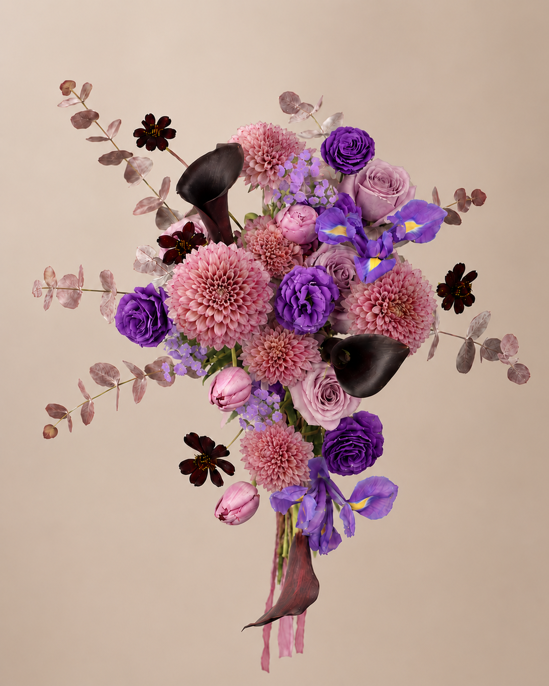 Full product view of a dusty pink, violet and deep burgundy-black cascading bridal bouquet with dahlias, irises, calla lilies, lisianthus, cosmos and eucalyptus