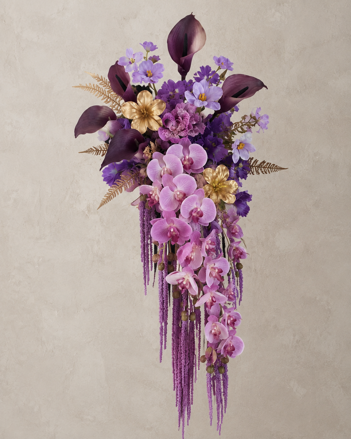 Gilded Amethyst bridal bouquet product-only shot on plain background showing trailing amaranthus tassels