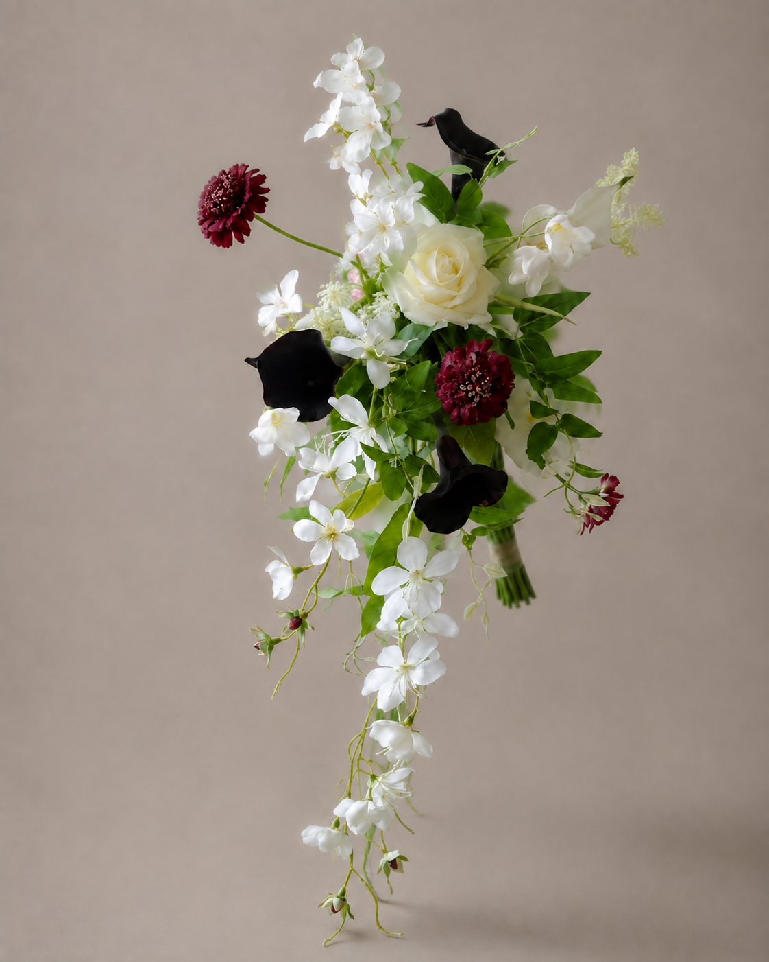 Ivory Noir bridal bouquet on a plain background, featuring ivory rose, plum calla lily, burgundy scabiosa, white filler flowers and trailing greenery