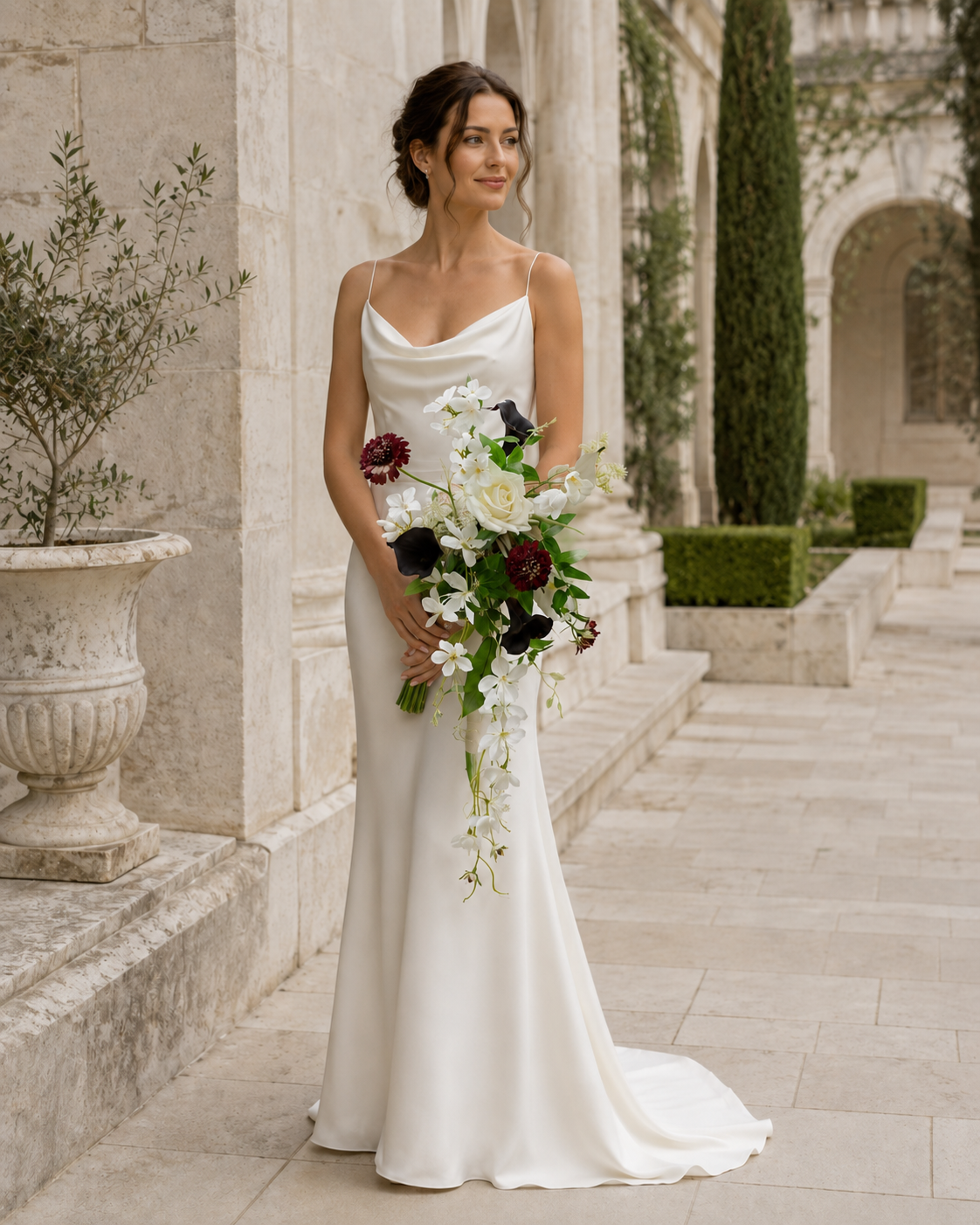 Ivory Noir bridal bouquet dimension guide showing overall length 60 cm (23.6 in), width 26 cm (10.2 in) and handle length 17 cm (6.7 in)