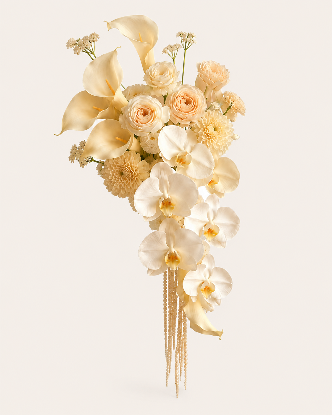 Luxury White Orchid Cascade bridal bouquet in ivory, champagne, and blush tones with calla lily, garden rose, dahlia, and phalaenopsis orchid
