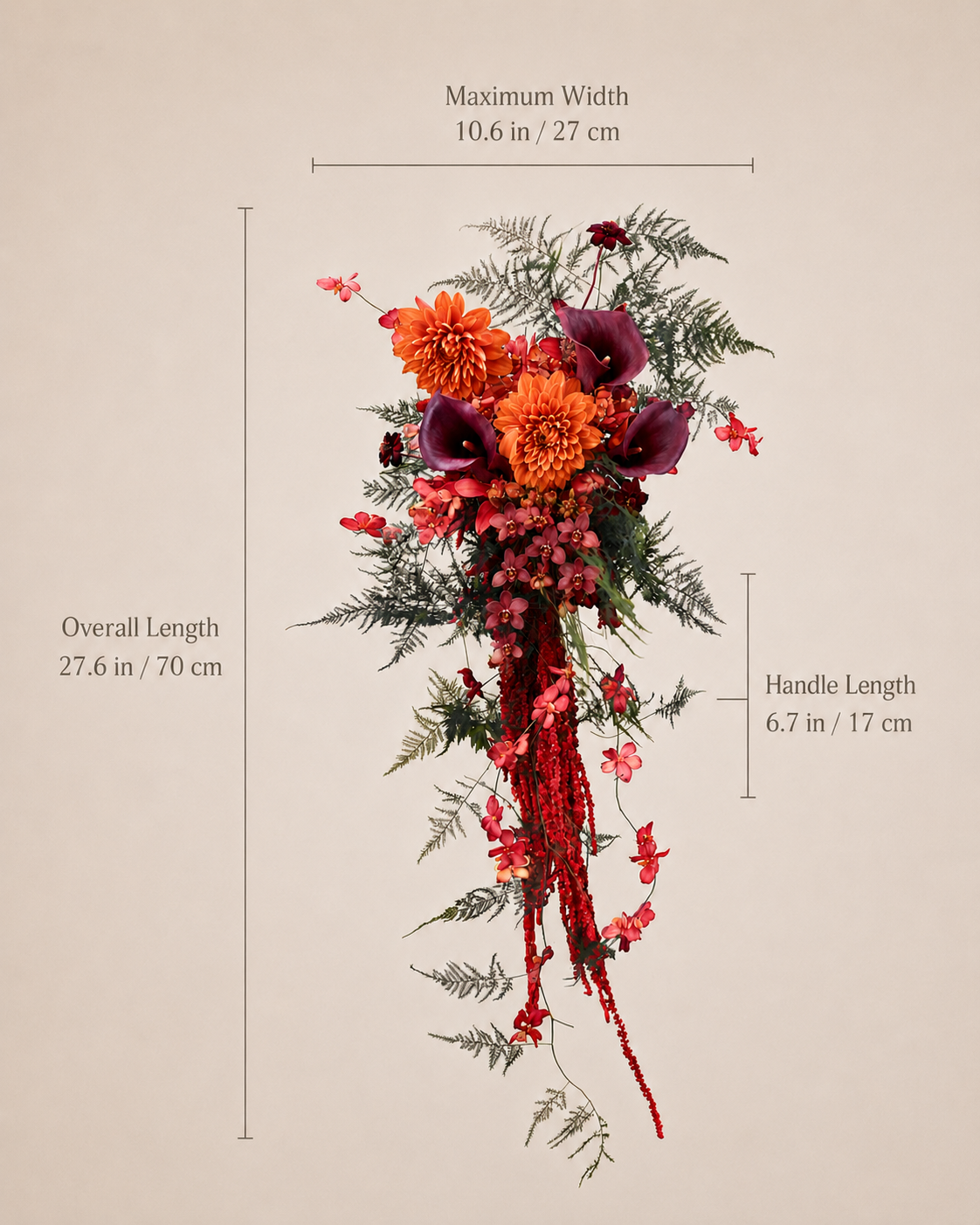 Ember Cascade bridal bouquet dimension chart showing overall length and handle length