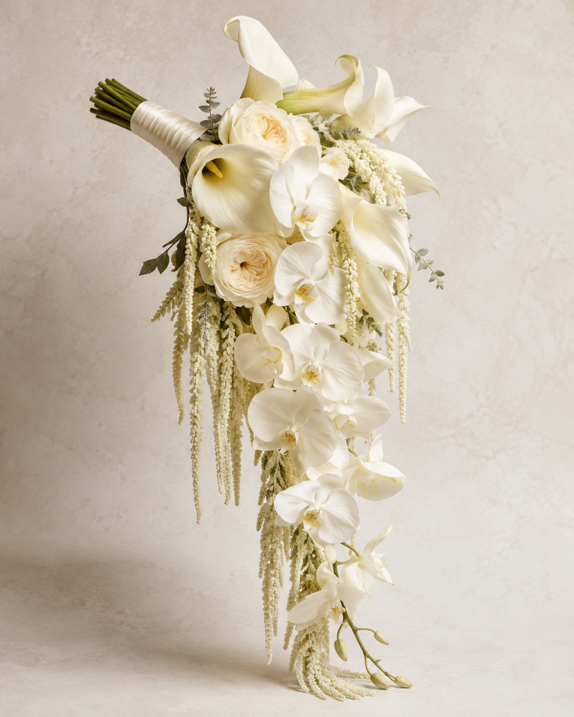 Ivory Cascade calla lily and orchid bridal bouquet, studio hero shot