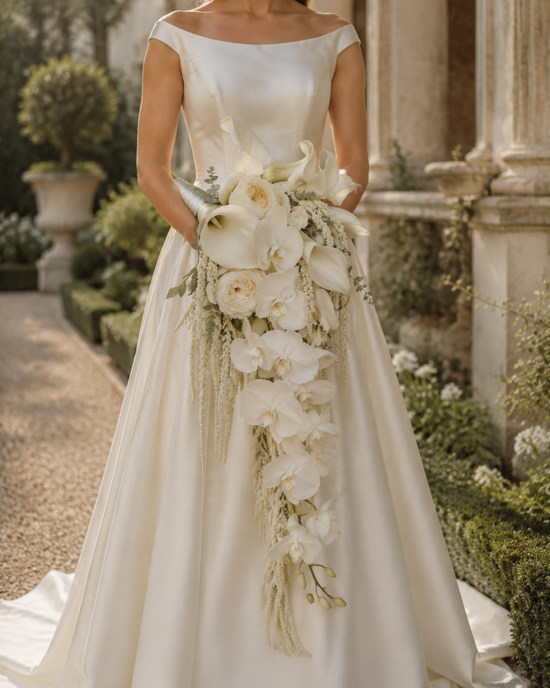 Bride in off-shoulder gown holding Ivory Cascade calla lily and orchid bridal bouquet