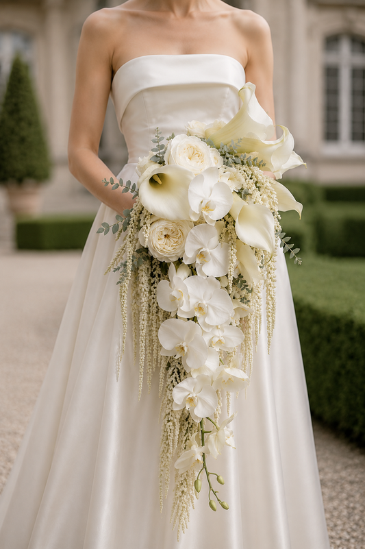 Bride in strapless gown holding Ivory Cascade calla lily and orchid bridal bouquet