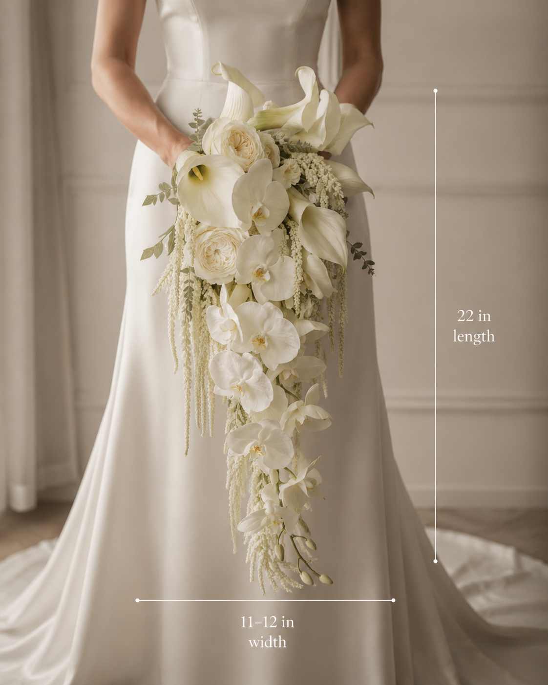 Ivory Cascade calla lily and orchid bridal bouquet size guide, 22 inch length, 11 to 12 inch width