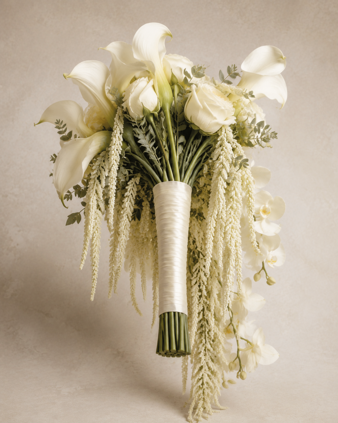 Ivory Cascade calla lily and orchid bridal bouquet, ribbon-wrapped stems detail