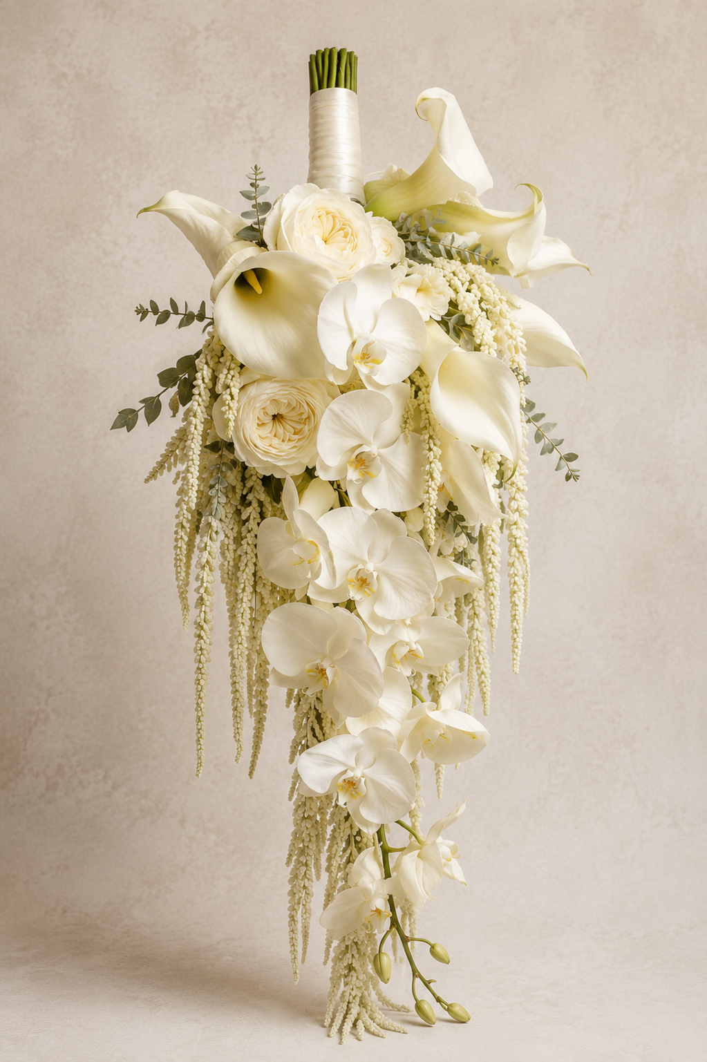 Ivory Cascade calla lily and orchid bridal bouquet, studio angle two