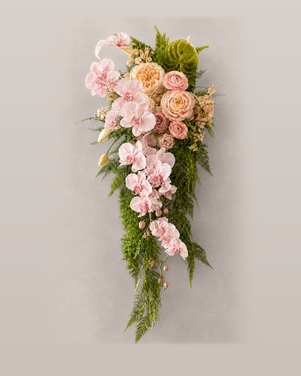 Garden Rose & Orchid Cascade blush bridal bouquet, standalone product shot on neutral background