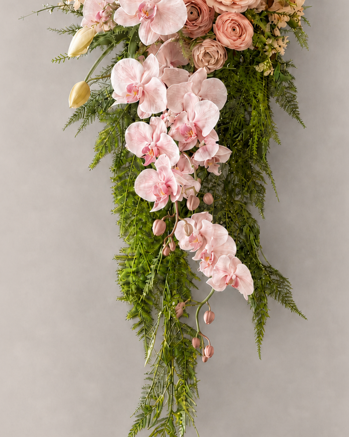 Close-up of trailing fern greenery and orchid cascade, texture detail