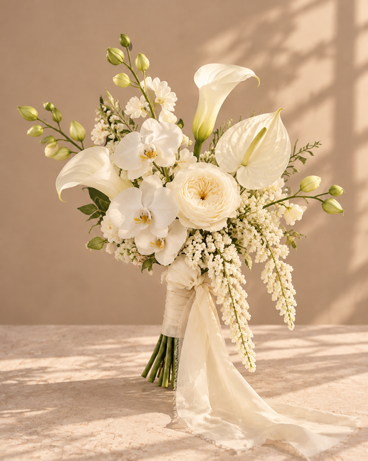 Ivory Orchid bridesmaid bouquet with white orchids, white calla lilies, white anthurium and an ivory garden rose, tied with an ivory ribbon