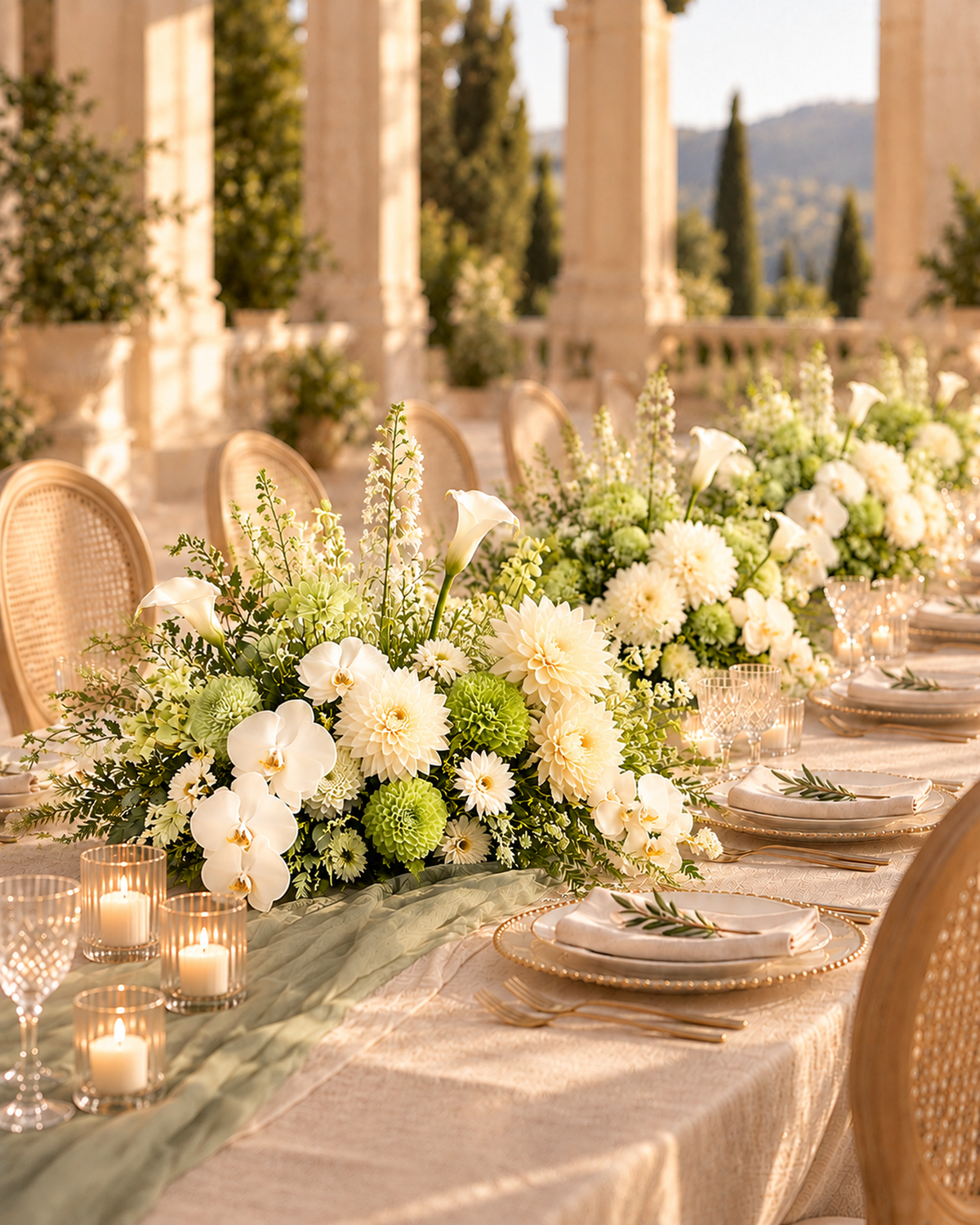 White Green Table Centerpieces with white orchids, cream dahlias, green hydrangea and white calla lilies arranged along a long terrace table. Additional pieces, candles, glassware, tableware, table linens and chairs are for display and not included.