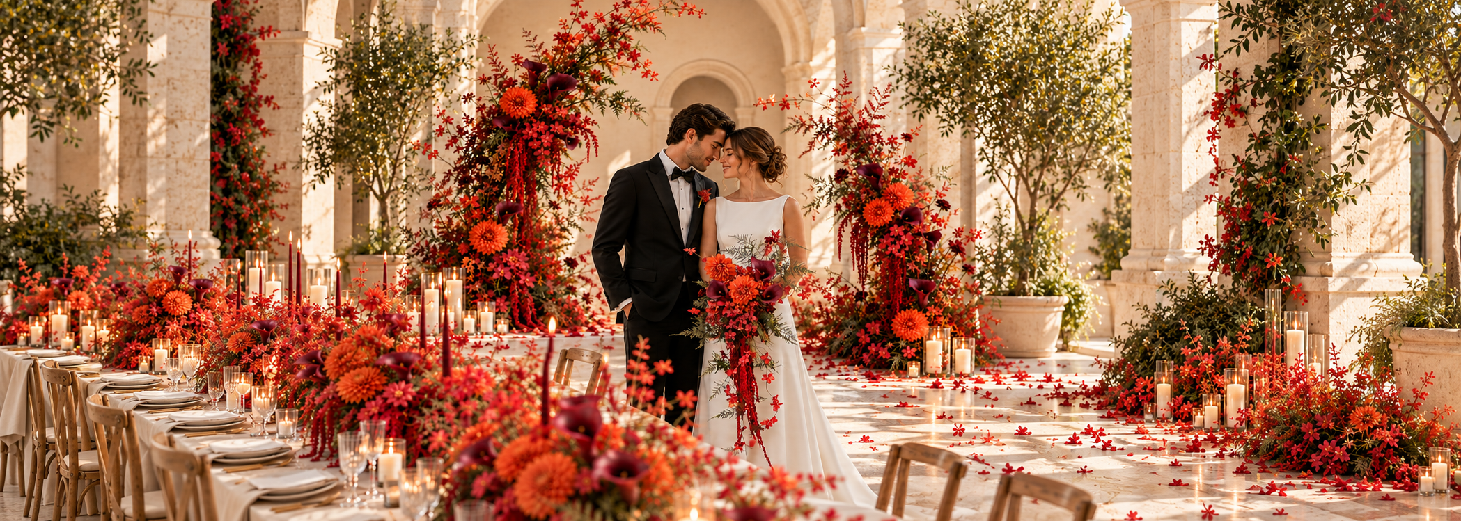 Newlyweds beneath a warm stone wedding arch decorated with rust, orange, and burgundy flowers