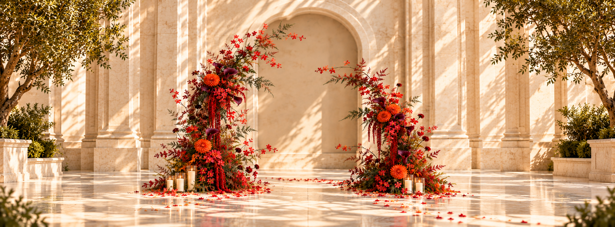A warm stone ceremony arch framed by autumn florals