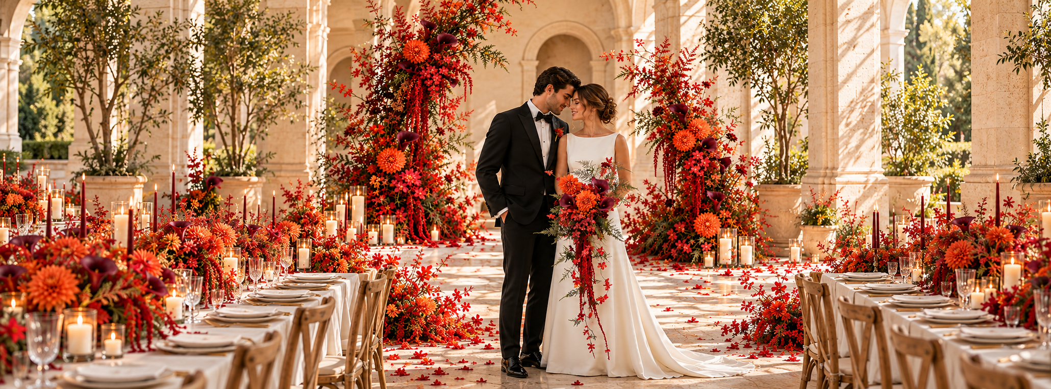 A couple beneath abundant autumn wedding florals
