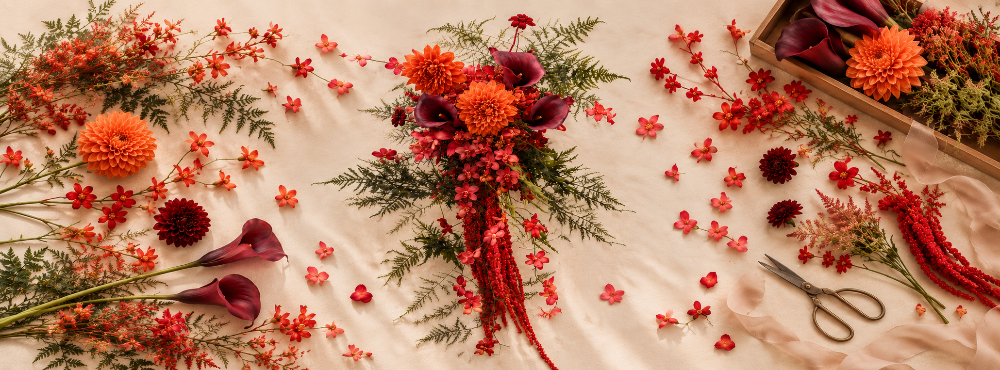 Autumn red and orange floral details arranged on ivory fabric