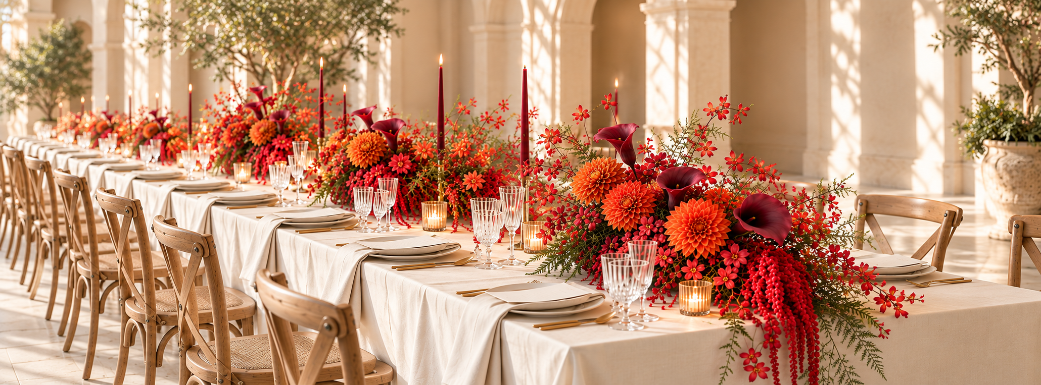 Autumn floral arrangements styled along a wedding reception table