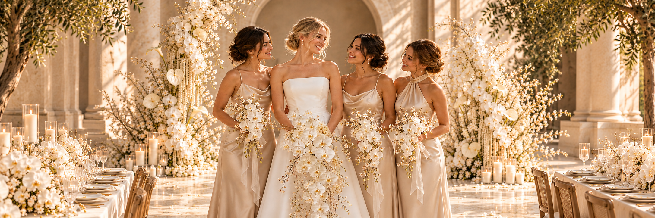Bride and bridesmaids holding ivory real-touch orchid bouquets beneath a floral ceremony arch