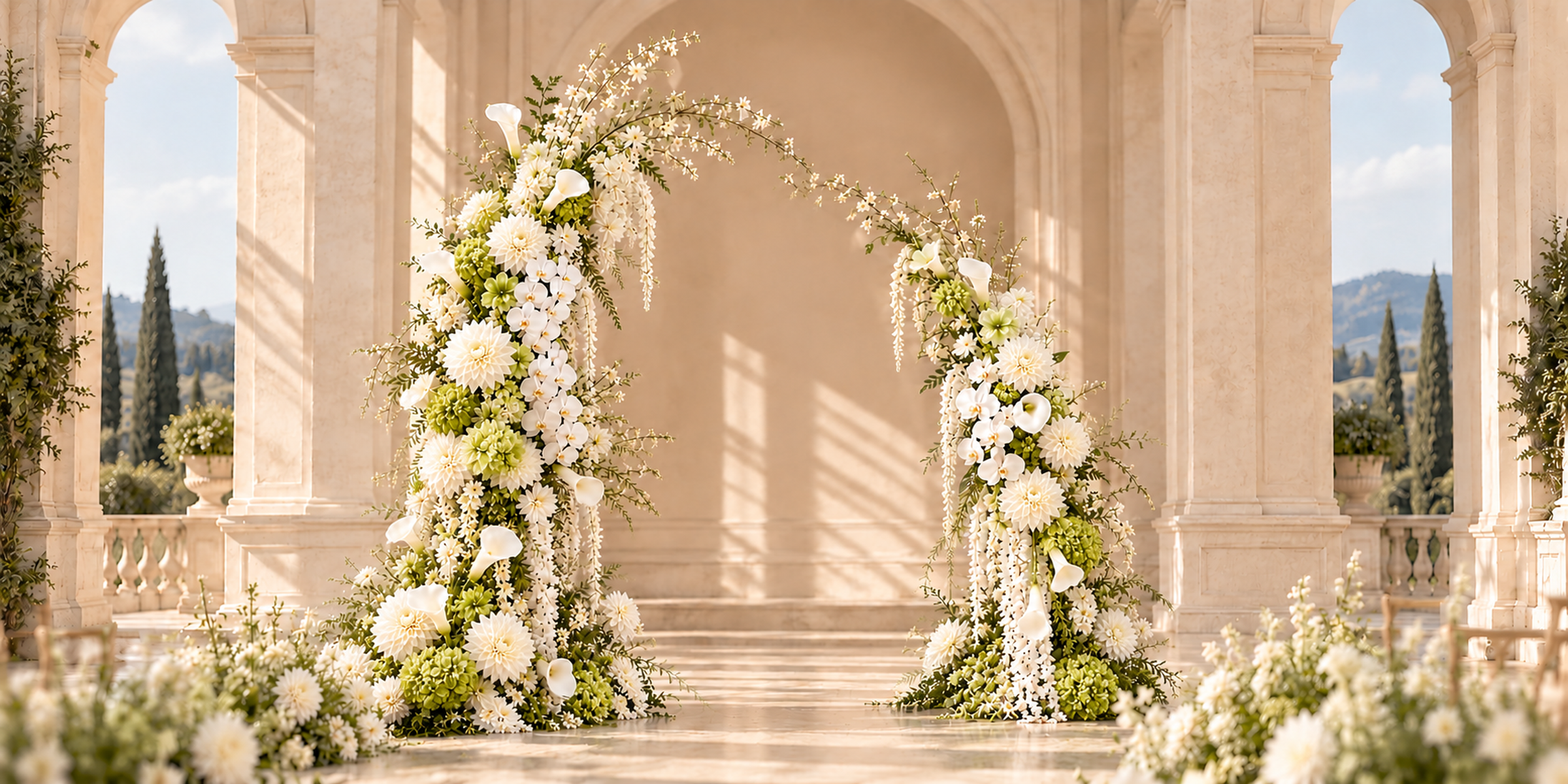 Ivory and green ceremony flowers framing a stone archway