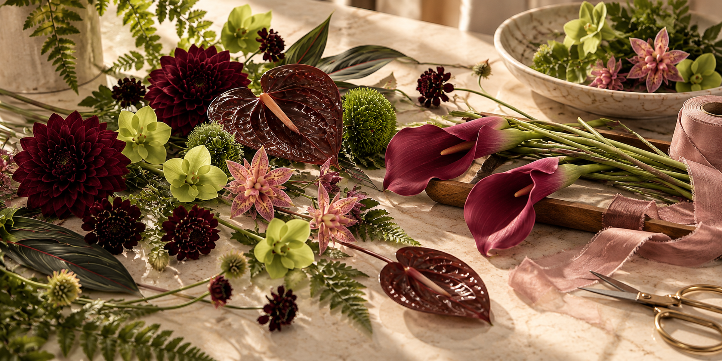 Burgundy, plum and green flowers, ribbons, and floral shears arranged for handcrafted wedding designs