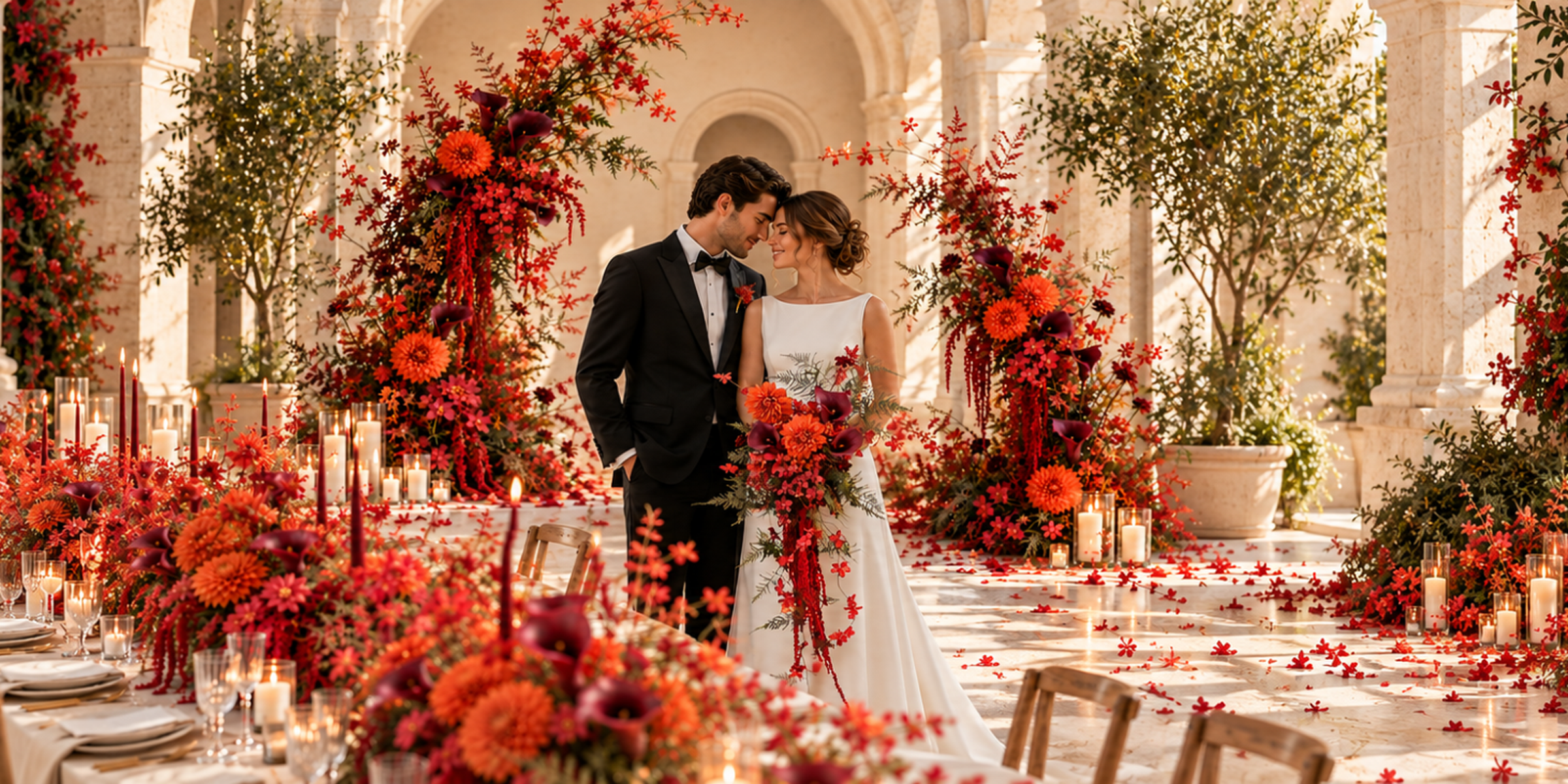 Bride and groom beneath burnt orange and burgundy wedding florals