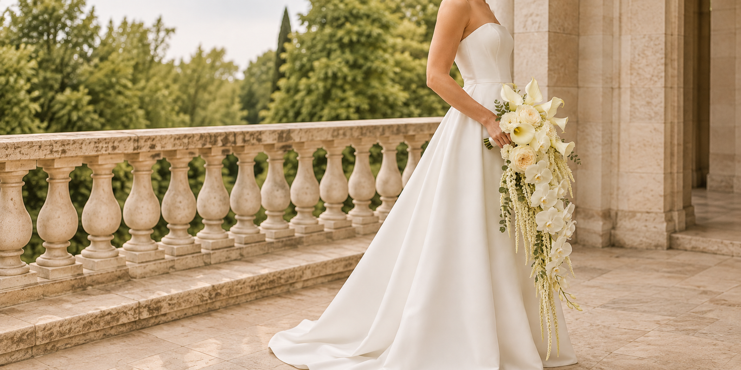 Bride holding a cascading ivory bouquet on a stone terrace