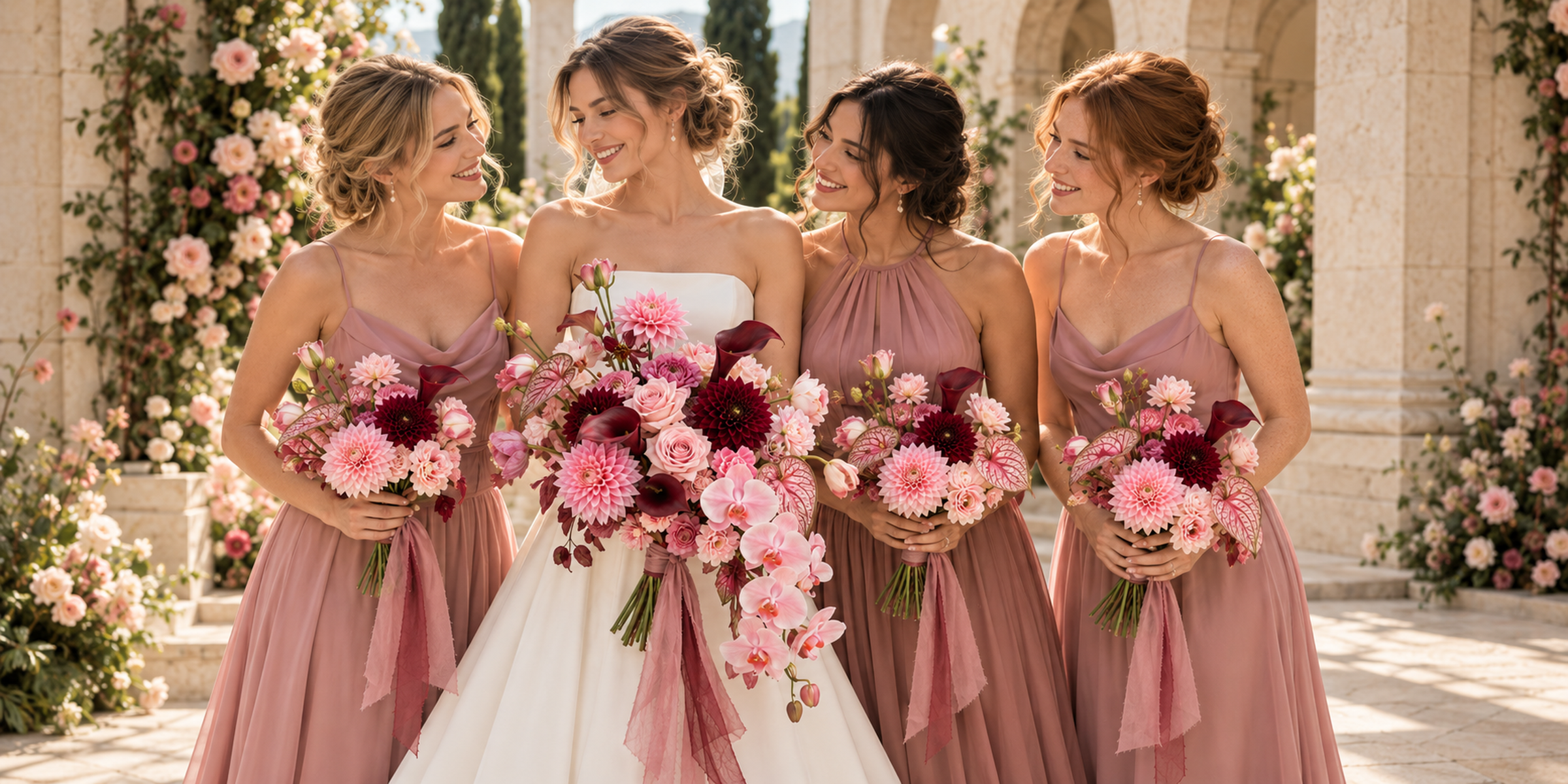 Bride with three bridesmaids carrying coordinated blush and burgundy bouquets