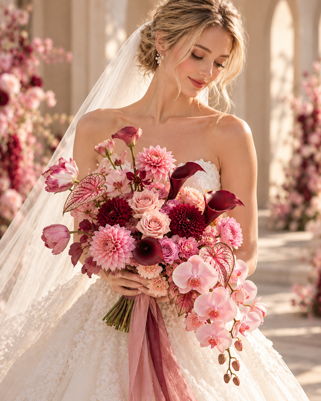 Bride holding a pink and burgundy cascading wedding bouquet