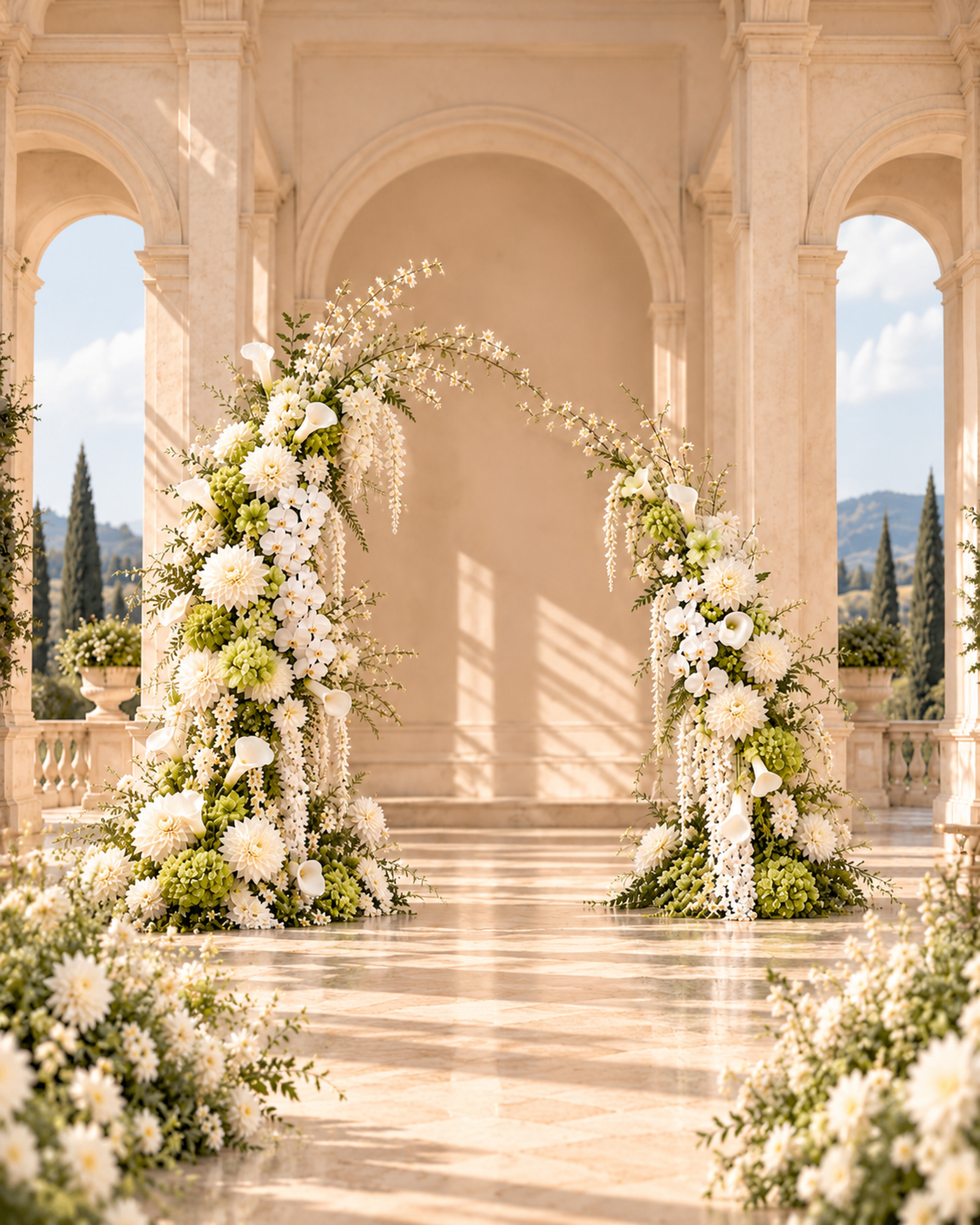 White and chartreuse wedding ceremony florals in an Italian villa