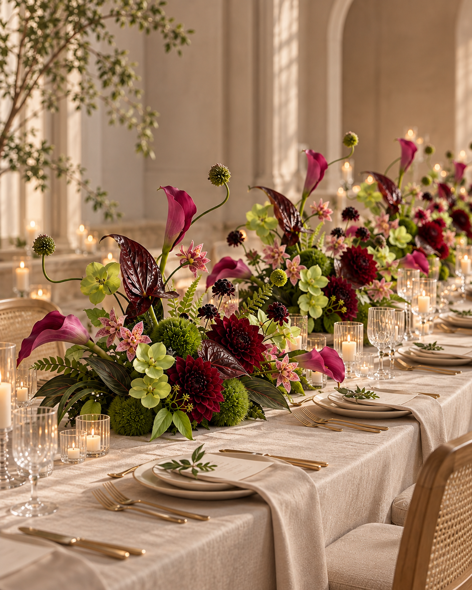 Burgundy and chartreuse reception florals on a wedding table