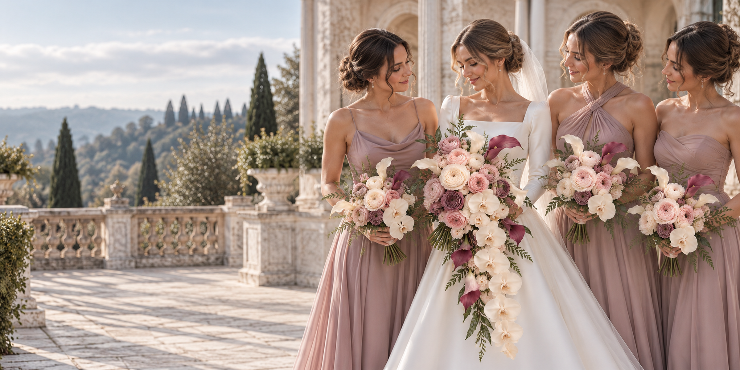 A bride and three bridesmaids carrying coordinated ivory, blush, and mauve wedding bouquets